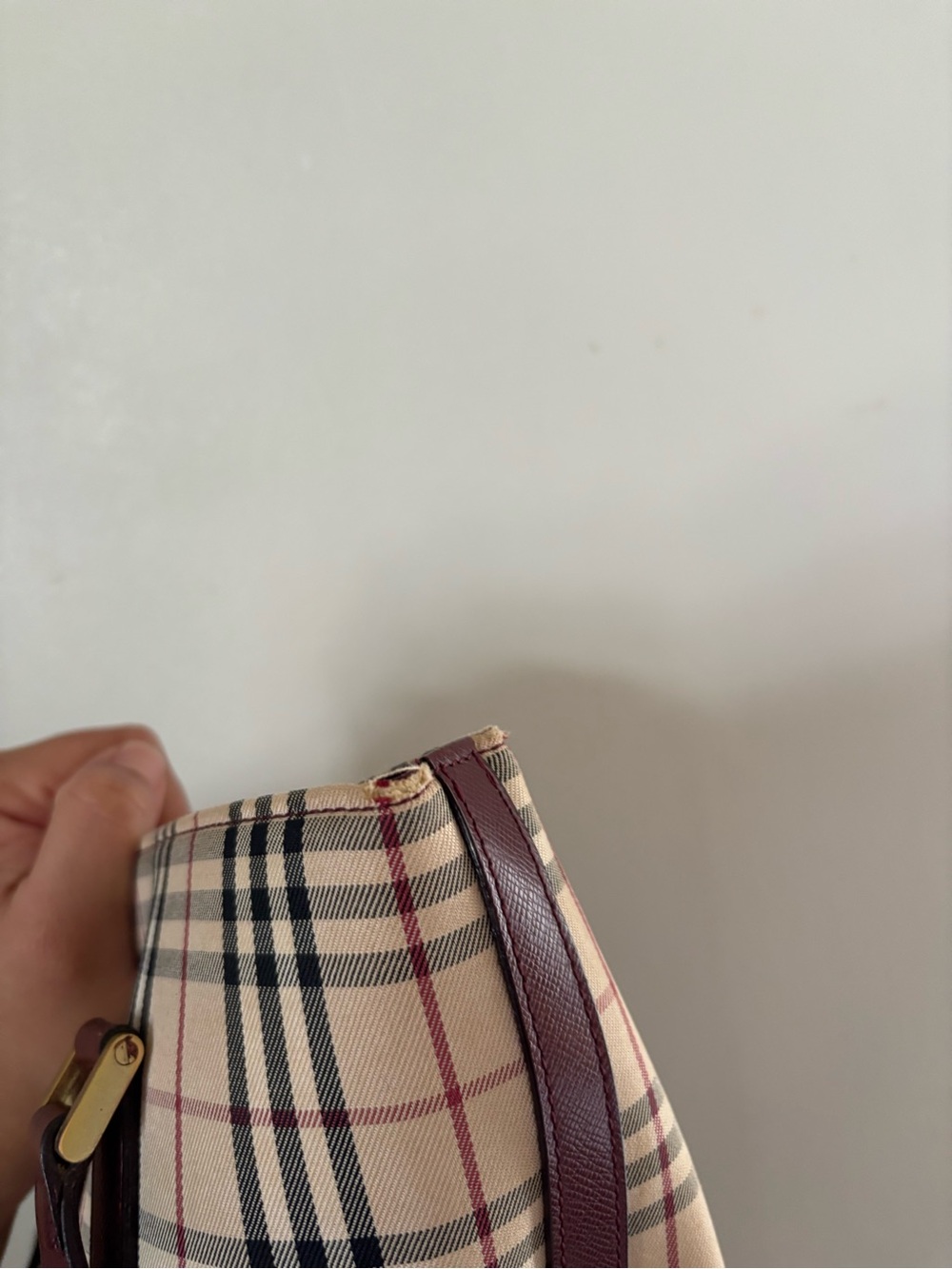 Plaid Canvas Tote Bag with Brown Leather Trim - Picture 5 of 14